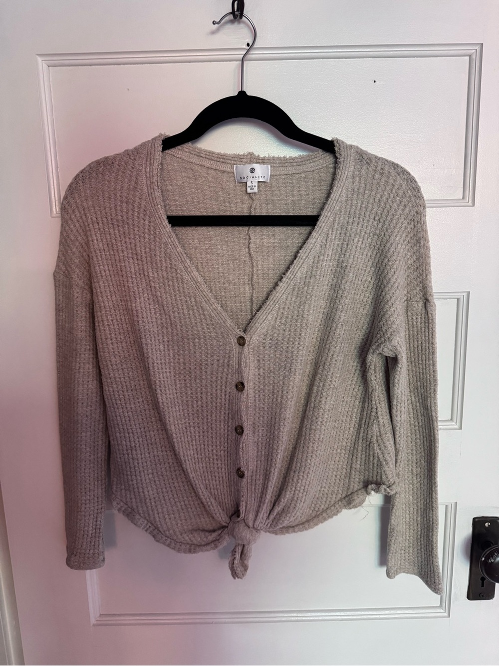 Socialite Beige Waffle Knit Cropped Button-Up Cardigan